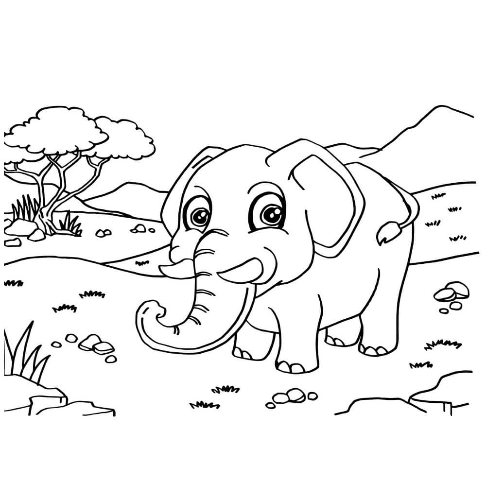 dibujo elefante caminando en la sabana para colorear