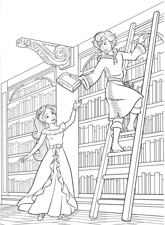 Dibujo de Elena y Mateo En Biblioteca para Colorear y Imprimir