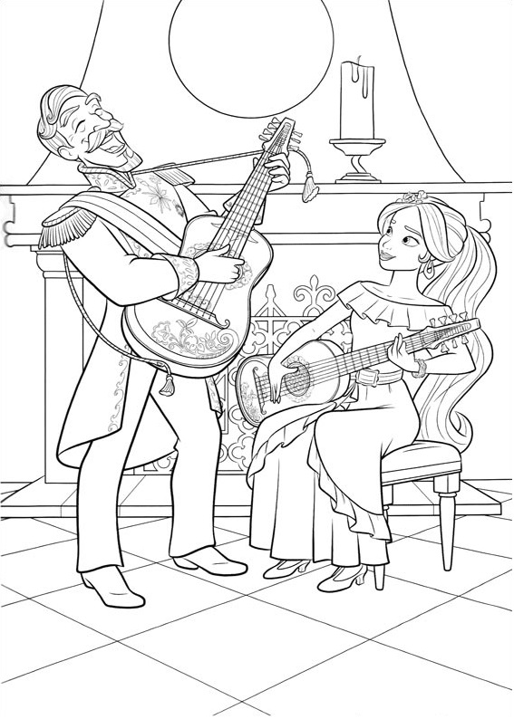 Dibujo de La Princesa Elena Con El Padre Tocando La Guitarra para Colorear y Imprimir