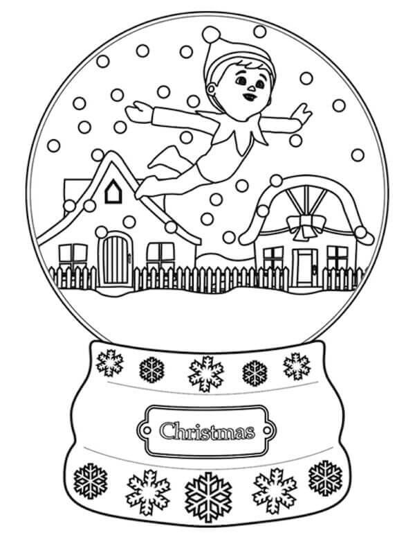 Dibujo de Elfo En El Estante En Bola de Nieve para Colorear y Imprimir