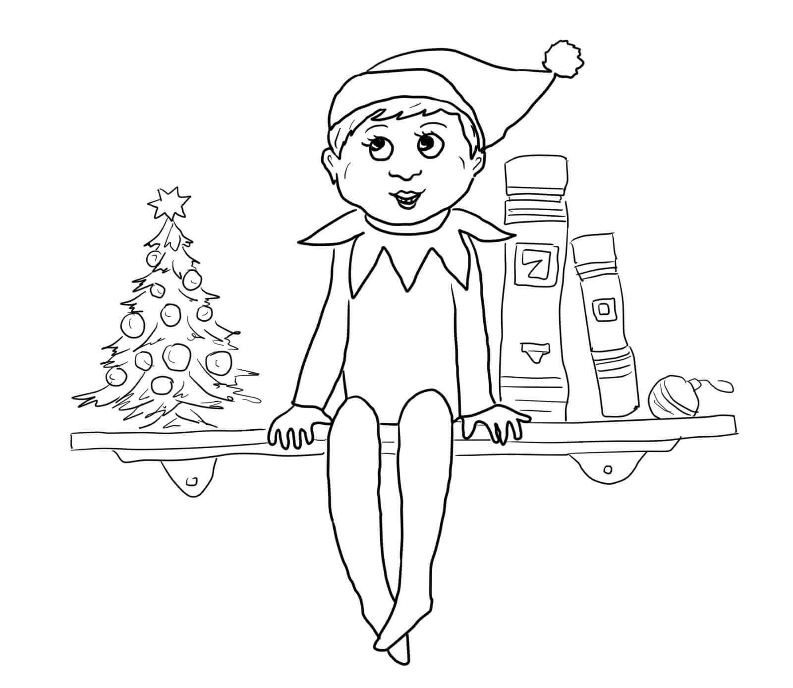 Dibujo de Elfo ¡Feliz En El Estante para Colorear y Imprimir