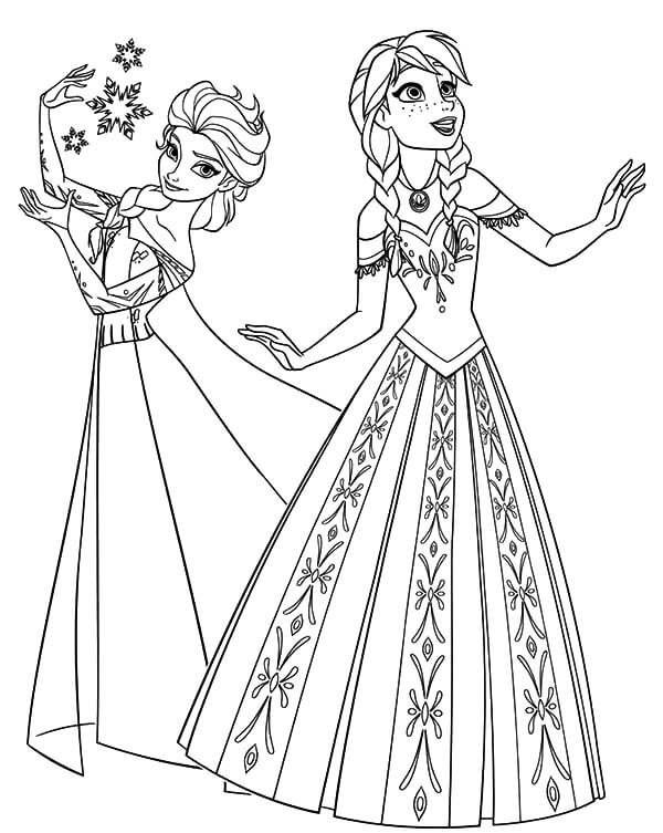 Dibujo de Elsa Anna Bailando y Cantando para Colorear y Imprimir