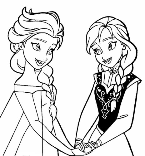 Dibujo de Elsa y Anna Tomados de La Mano para Colorear y Imprimir