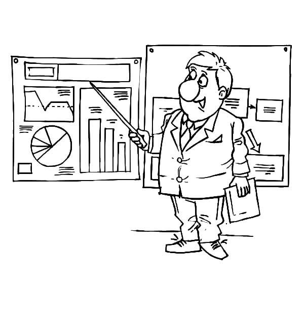 Dibujo de Hombre de Negocios que Presenta Gráficos y Tablas para Colorear y Imprimir