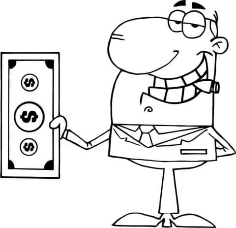 Dibujo de Hombre de Negocios Tenencia Dólar Grande para Colorear y Imprimir