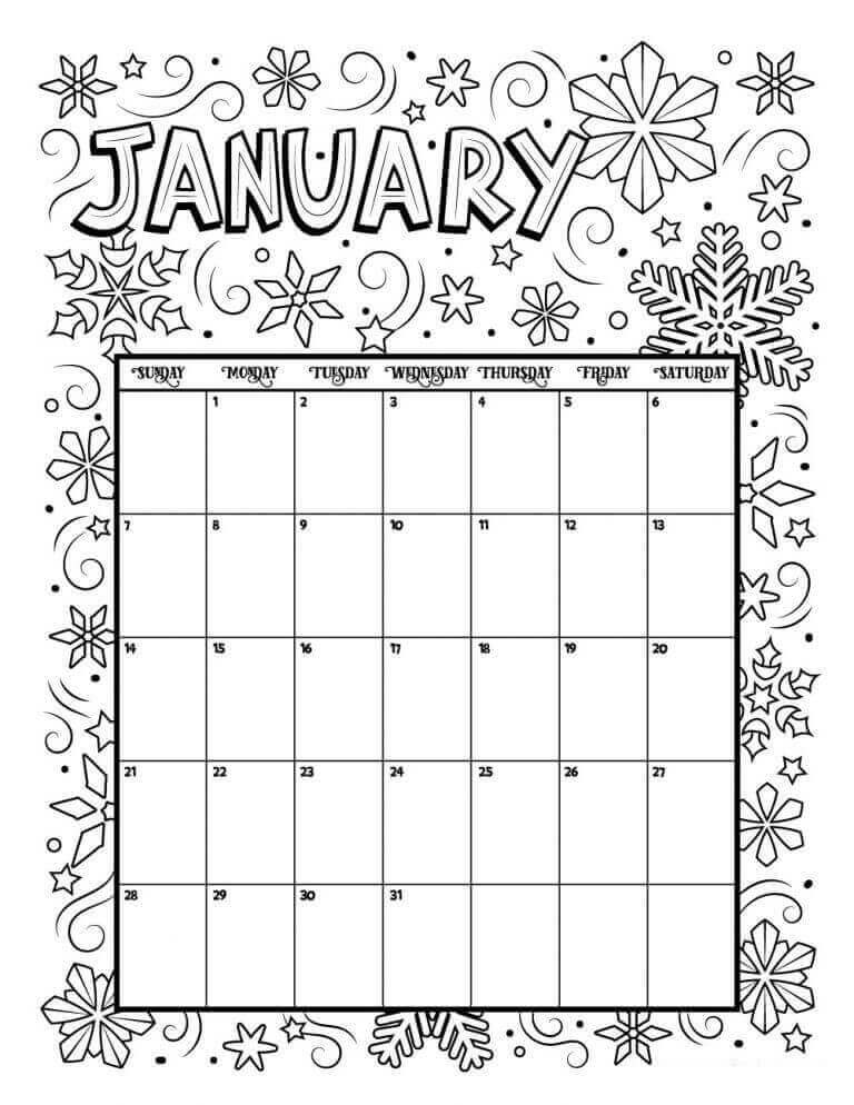 Dibujo de Calendario Enero para Colorear y Imprimir