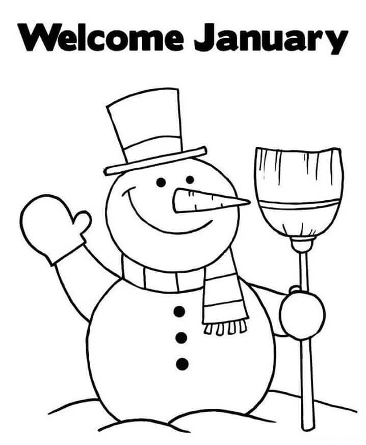 Dibujo de Muñeco de Nieve Bienvenido Enero para Colorear y Imprimir