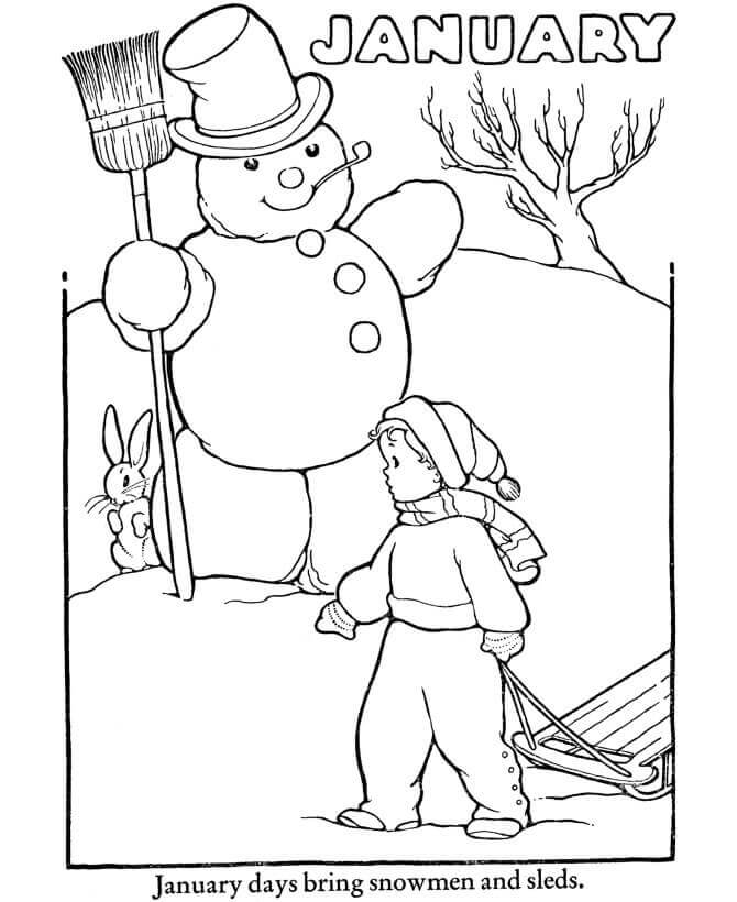 Dibujo de Muñeco de Nieve de Enero para Colorear y Imprimir