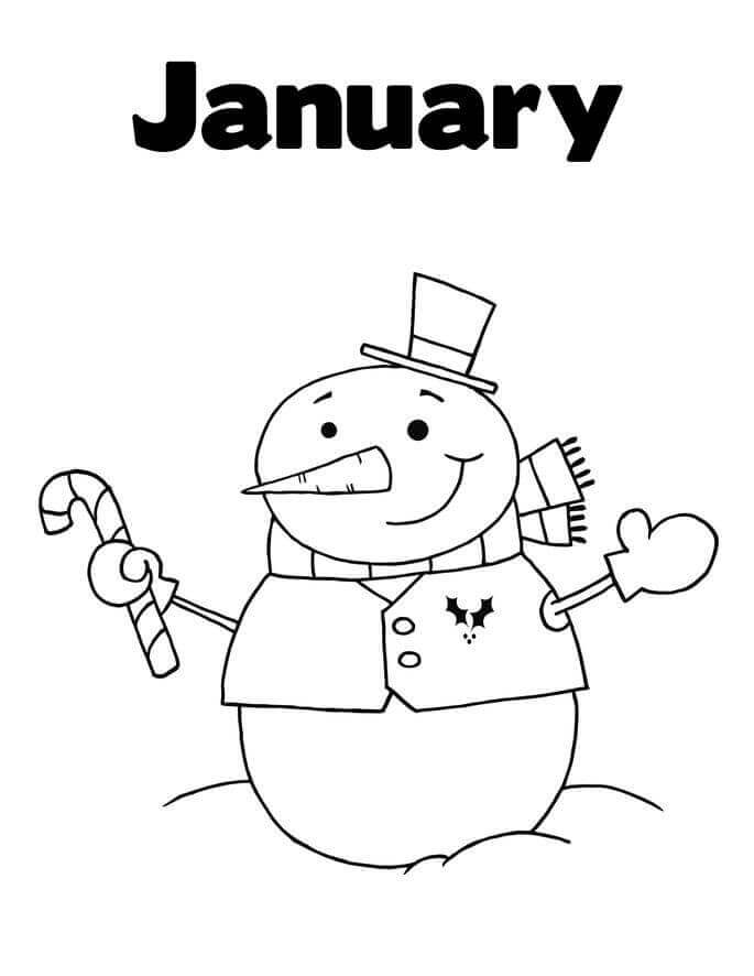 Dibujo de Muñeco de Nieve Enero Invierno para Colorear y Imprimir