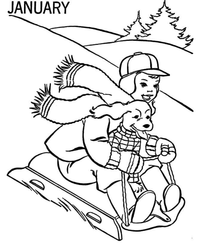 Dibujo de Trineo Enero para Colorear y Imprimir