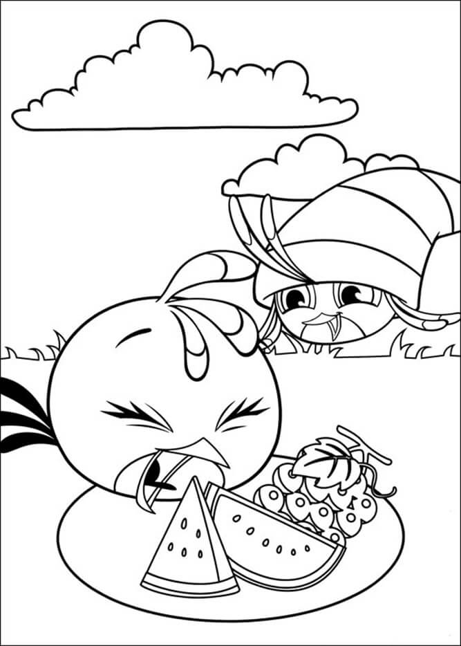 Dibujo de Enfadada Aves Stella Comiendo Sandía para Colorear y Imprimir
