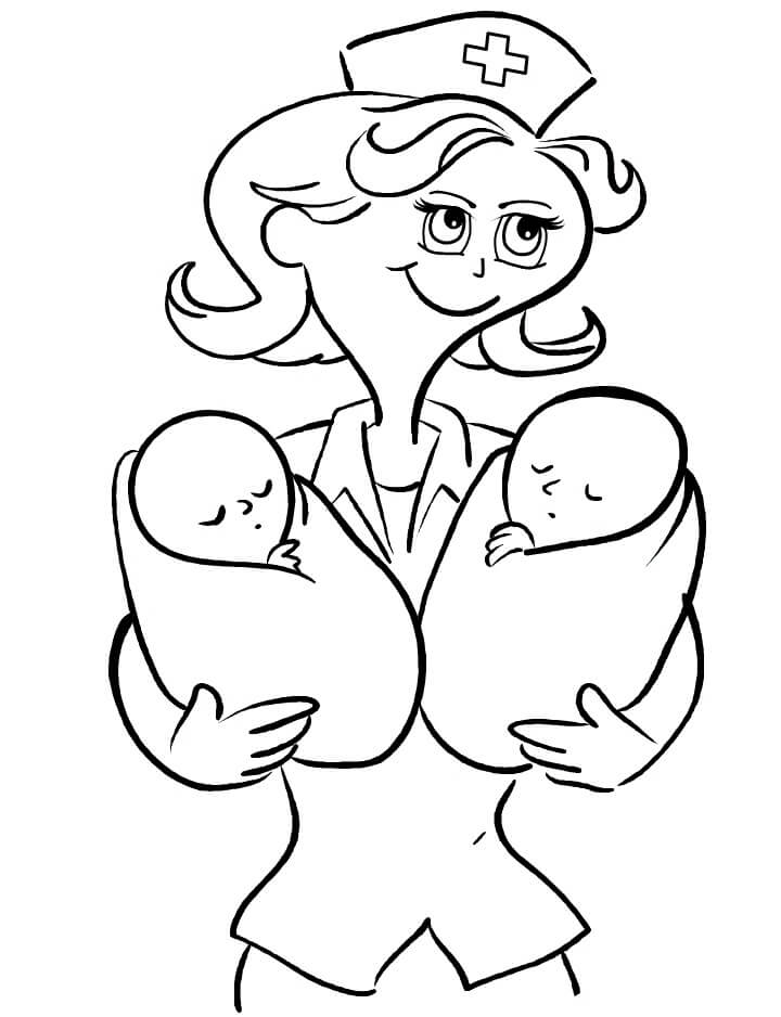 Dibujo de Enfermera Abraza a dos Bebés para Colorear y Imprimir