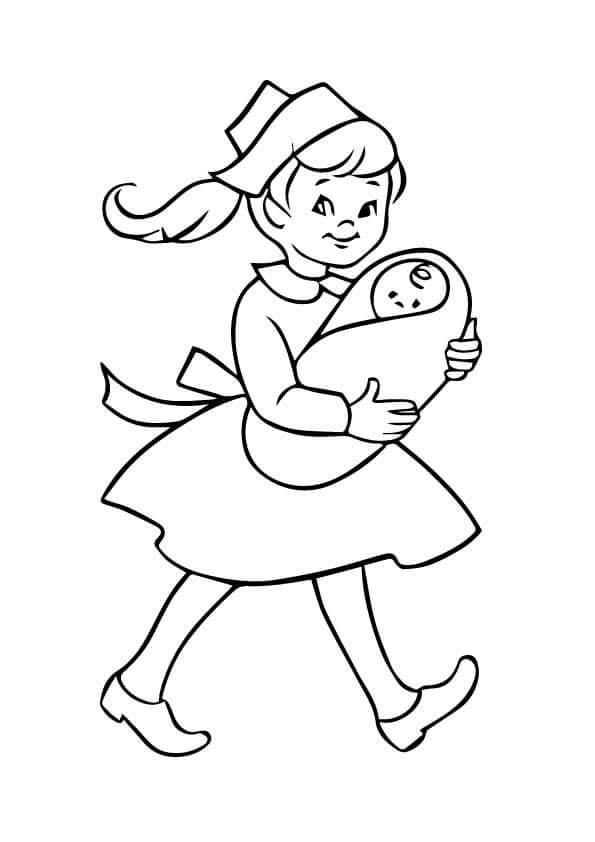 Dibujo de Enfermera Abrazar Bebé y Caminar para Colorear y Imprimir