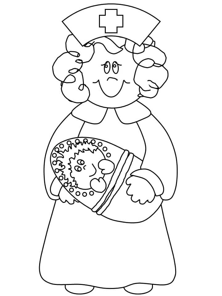 Dibujo de Enfermera Abrazo Bebé para Colorear y Imprimir