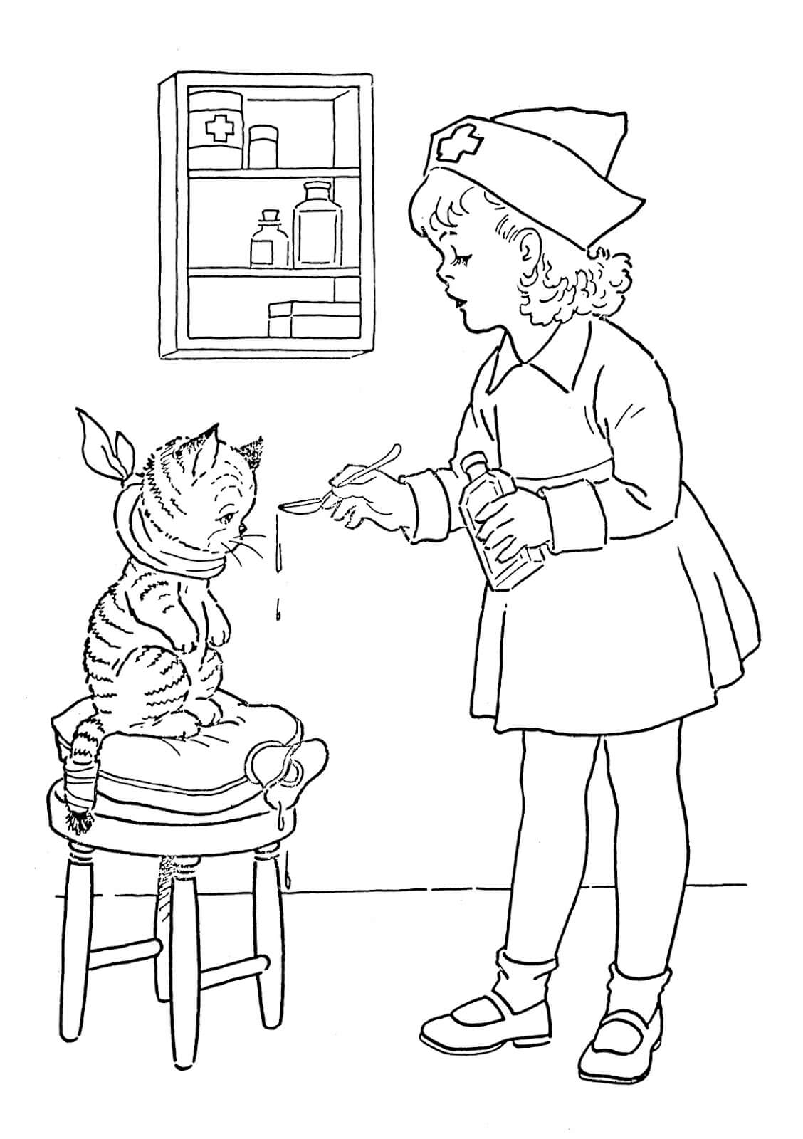 Dibujo de Enfermera Dando Medicina Al Gato para Colorear y Imprimir