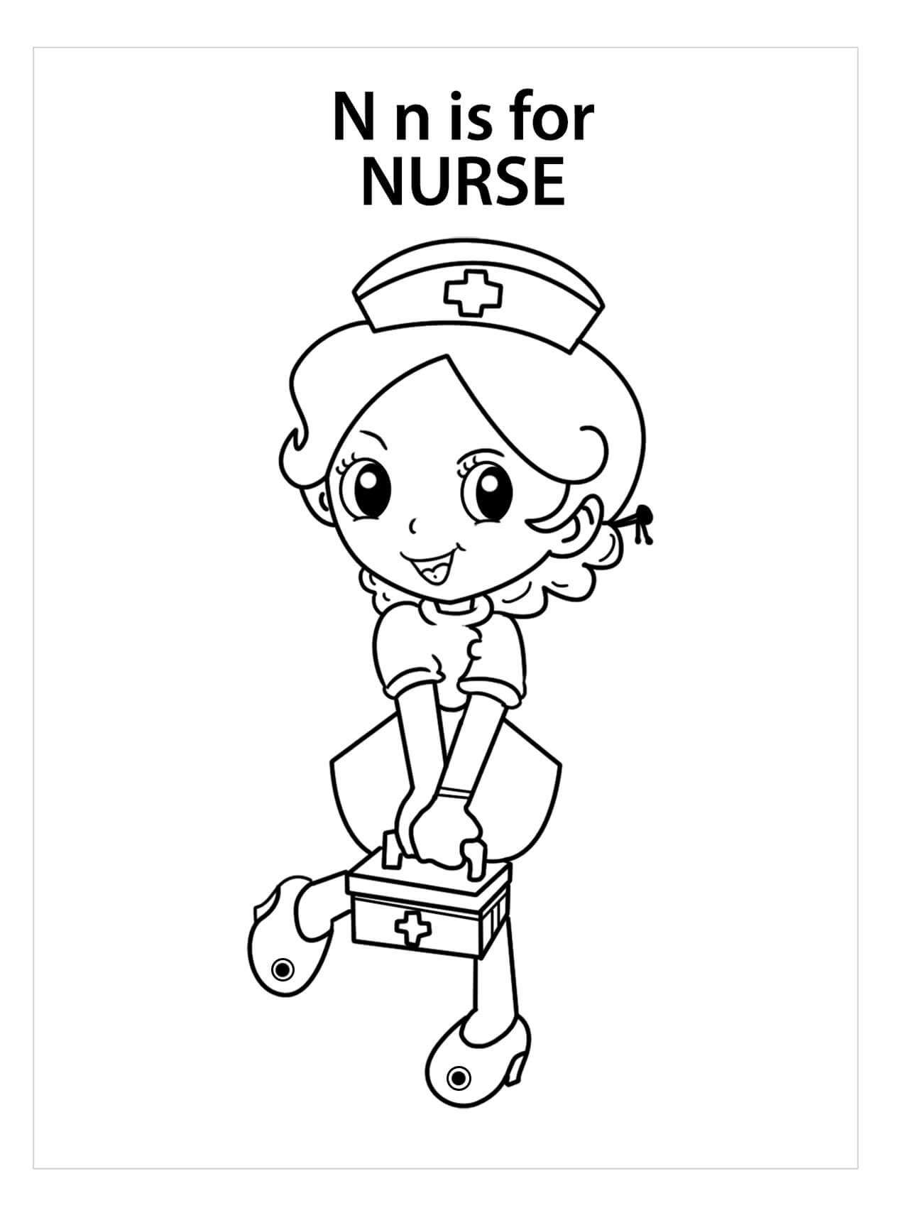 Dibujo de La Letra N Es para Enfermera para Colorear y Imprimir