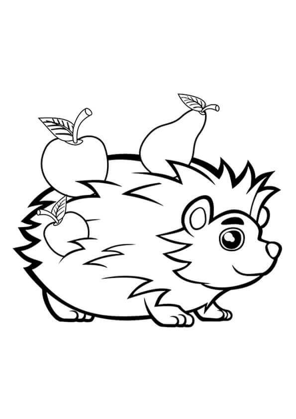Dibujo de Erizo Con dos Frutas para Colorear y Imprimir