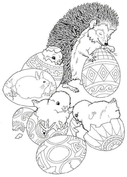 Dibujo de Erizo Con Huevo de Pascua para Colorear y Imprimir
