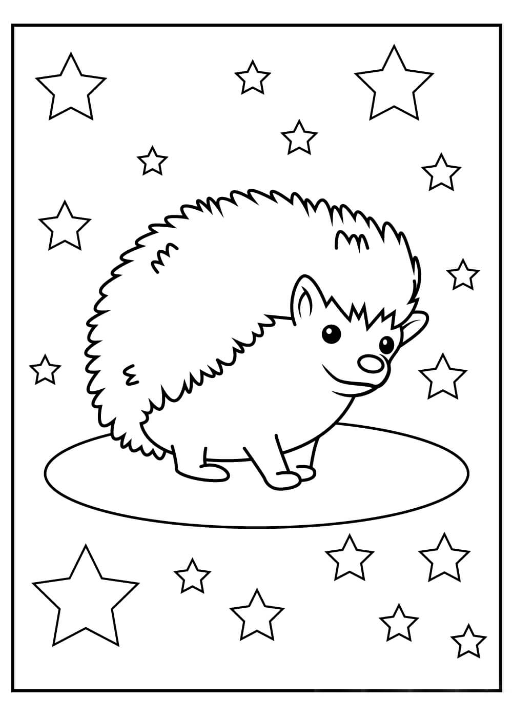 Dibujo de Erizo Sonriente Con Estrellas para Colorear y Imprimir