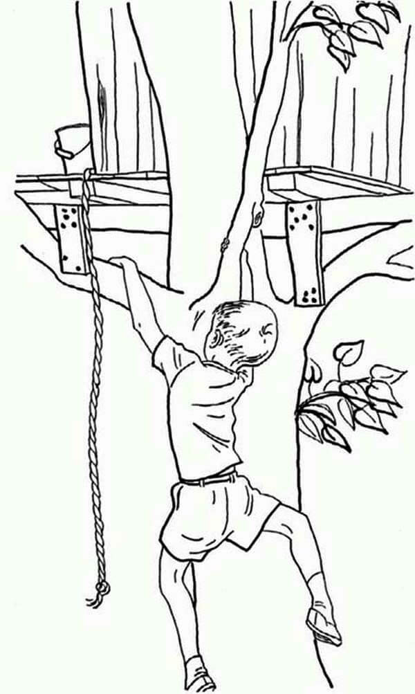 Dibujo de Niño Pequeño Escalada de Árboles para Colorear y Imprimir