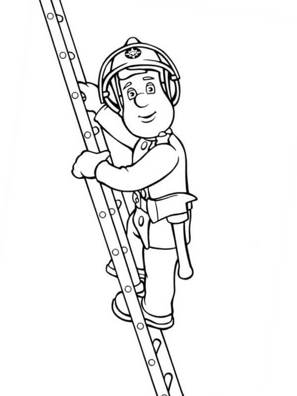 Dibujo de Sam El Bombero Subiendo La Escalera para Colorear y Imprimir