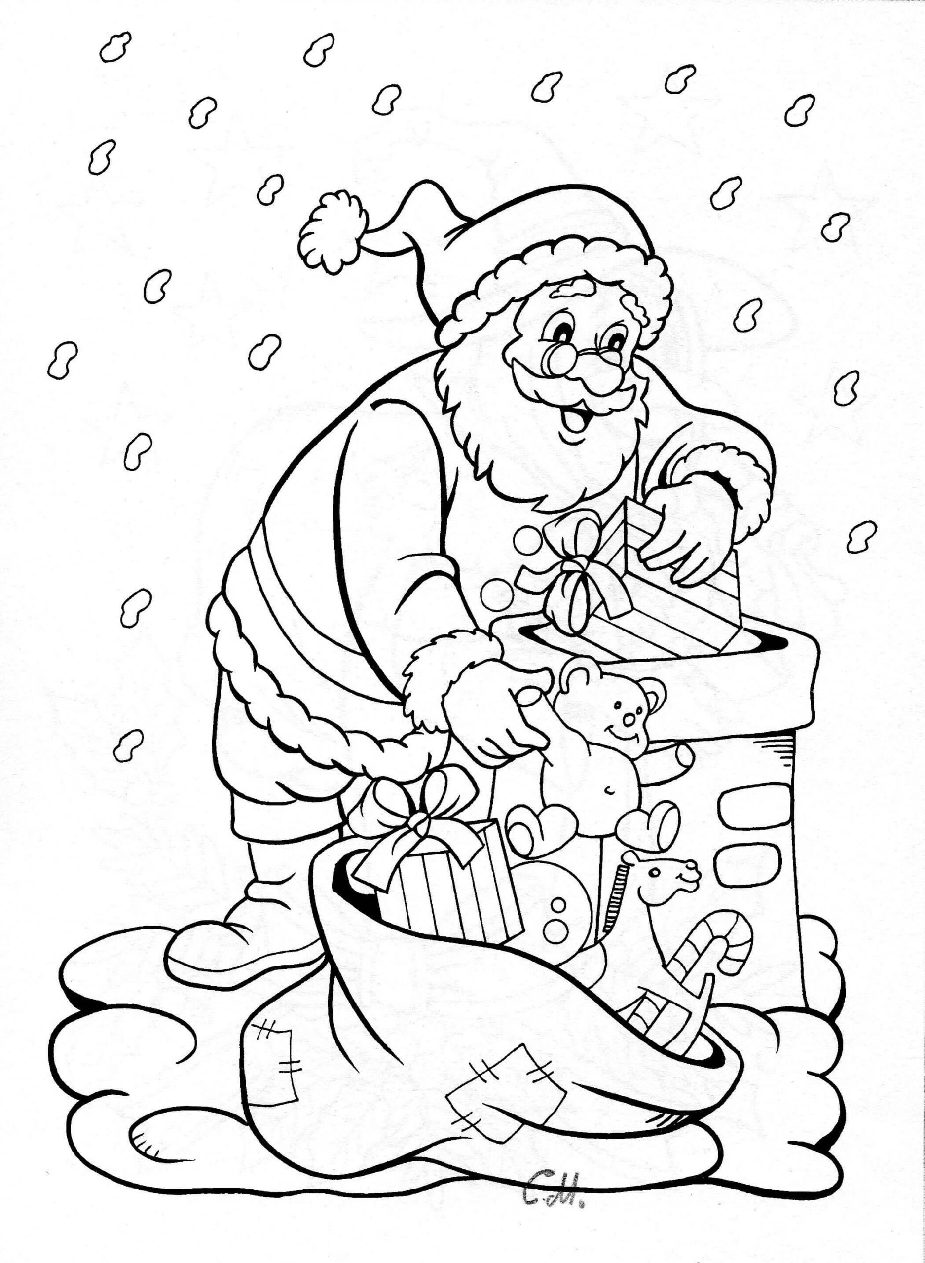 Dibujo de Santa Bajando por La Chimenea Scaled para Colorear y Imprimir