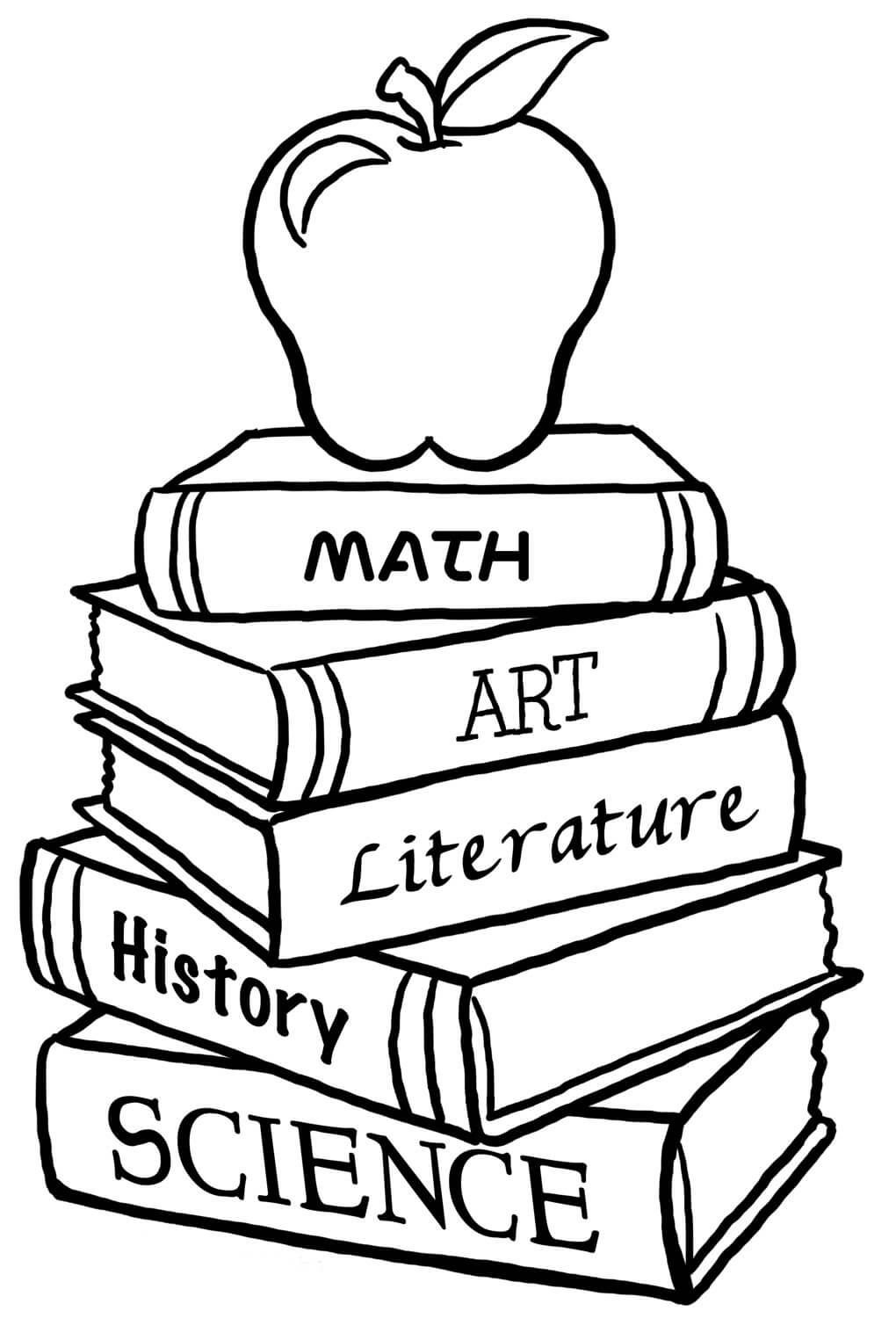 Dibujo de Apple En Una Pila de Libros En La Escuela para Colorear y Imprimir