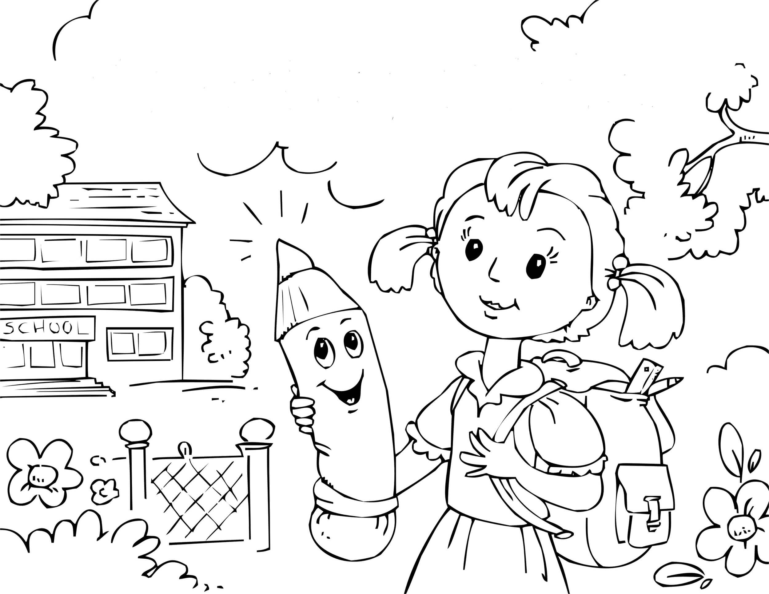 Dibujo de Chica Sosteniendo Un Lápiz Felizmente Va a La Escuela para Colorear y Imprimir