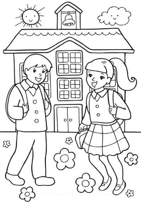 Dibujo de Chica y Chico En La Escuela para Colorear y Imprimir