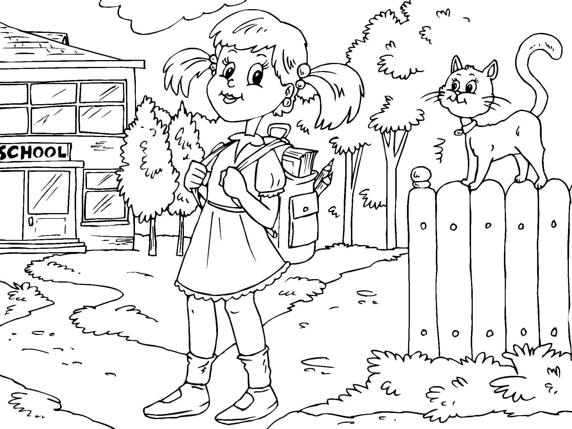 Dibujo de Chica y Gato En La Escuela para Colorear y Imprimir