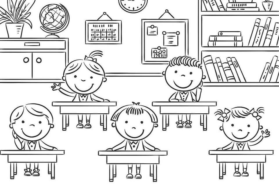 Dibujo de Cinco Estudiantes En La Escuela para Colorear y Imprimir