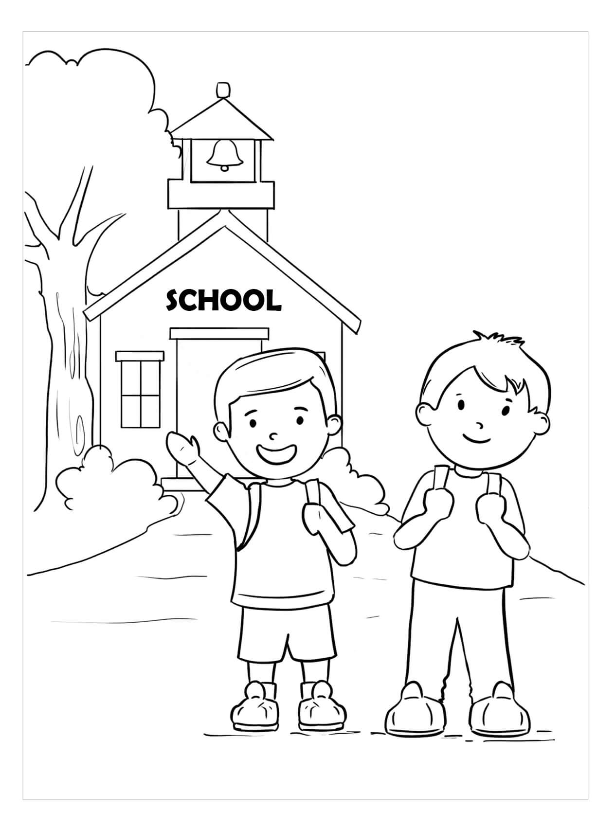 Dibujo de dos Muchachos Van a La Escuela para Colorear y Imprimir