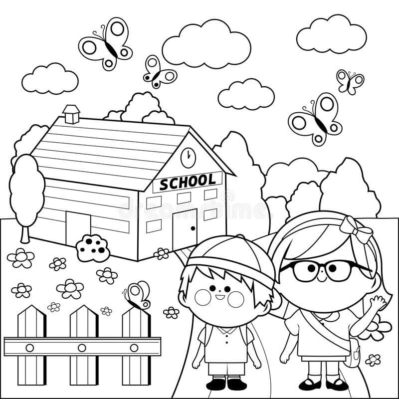 Dibujo de dos Niños Van a La Escuela para Colorear y Imprimir