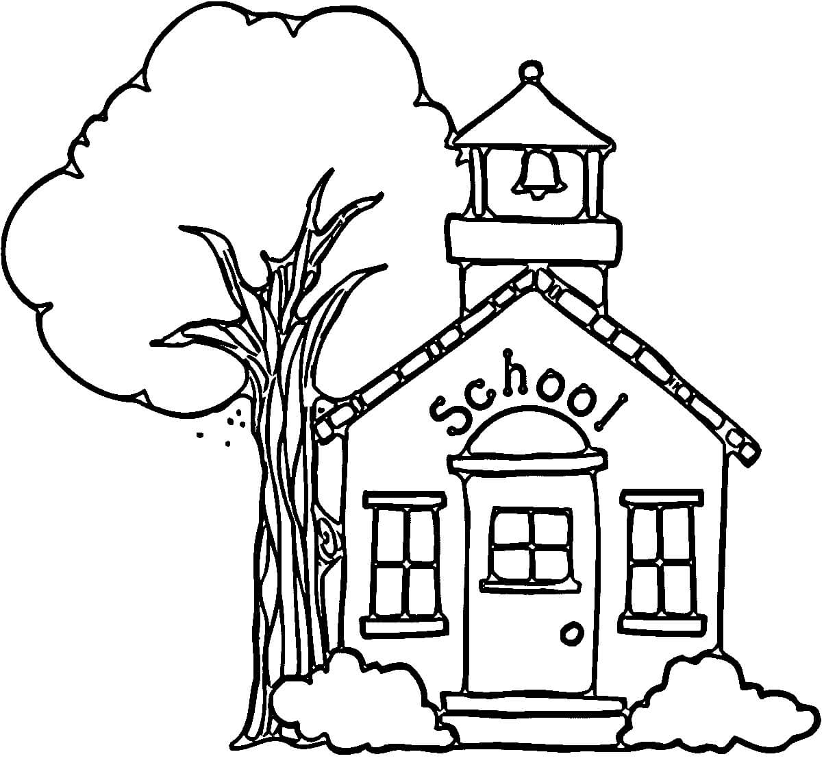 Dibujo de Escuela Con Árbol para Colorear y Imprimir