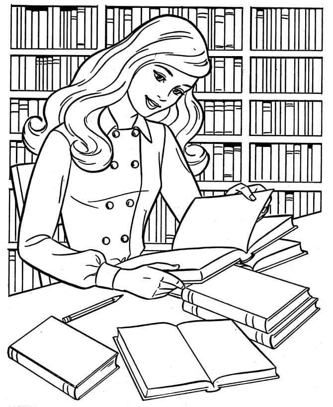 Dibujo de Niña Leyendo Un Libro En La Biblioteca Escolar para Colorear y Imprimir