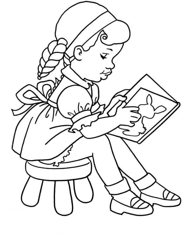 Dibujo de Niña Leyendo Un Libro En La Escuela para Colorear y Imprimir