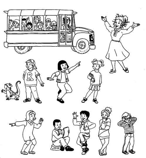 Dibujo de Niños y Autobús Escolar Hermoso para Colorear y Imprimir