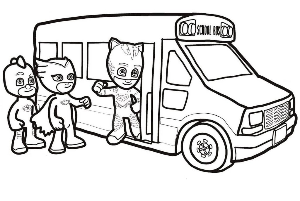 Dibujo de Pj Masks Van Al Autobús Escolar para Colorear y Imprimir