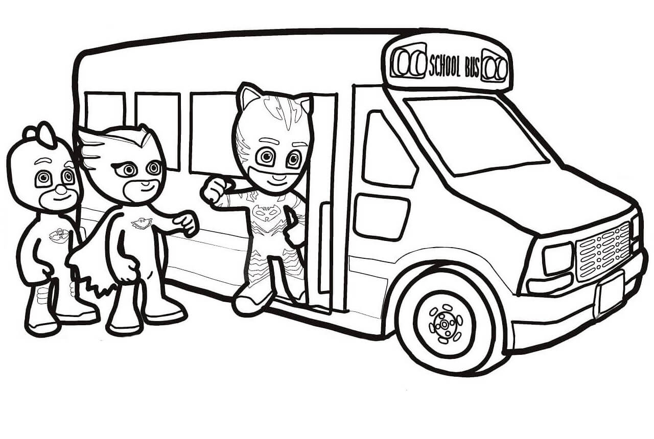 Dibujo de Pj Masks Van Al Autobús Escolar para Colorear y Imprimir