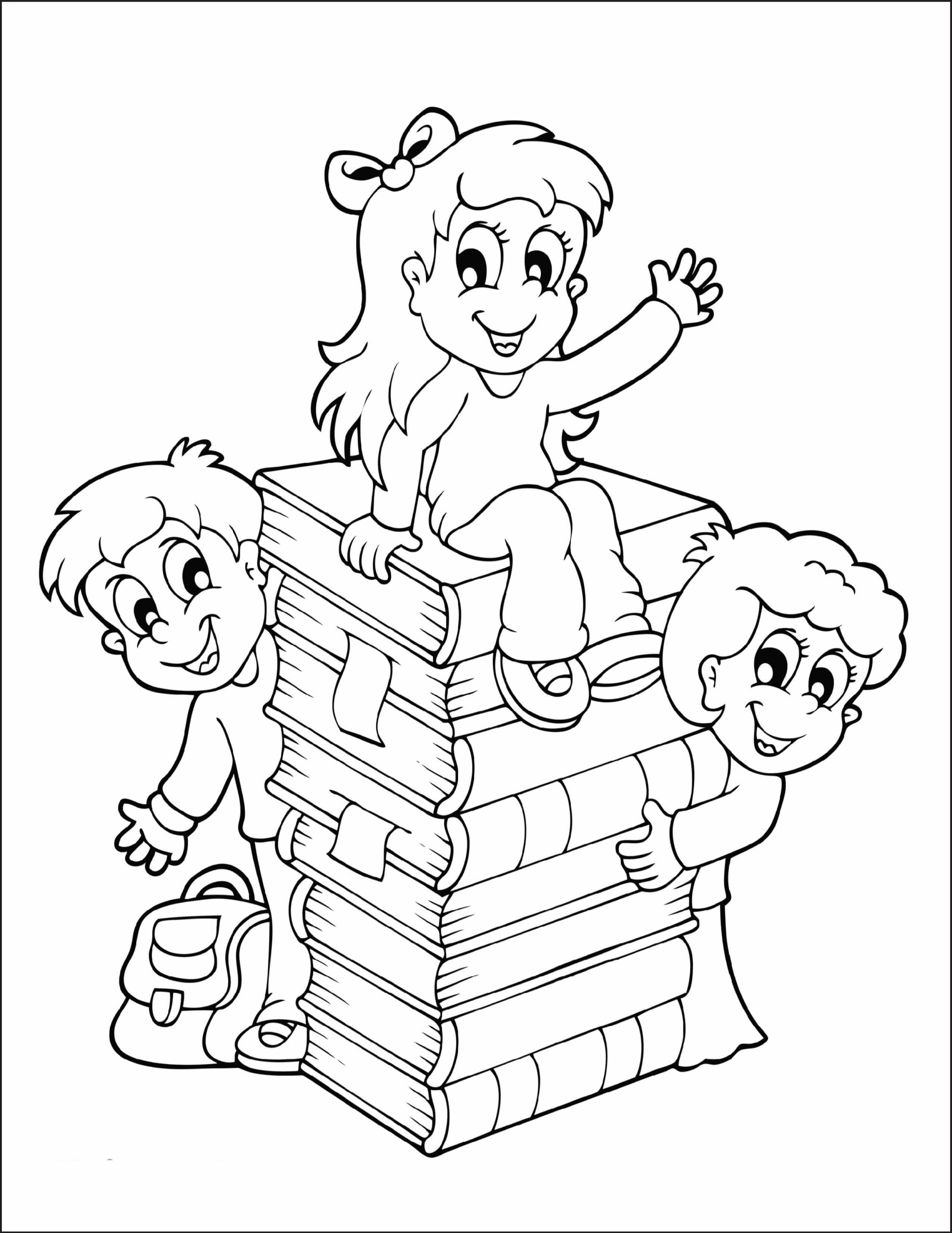 Dibujo de Tres Niños Con Grandes Libros En La Escuela Scaled para Colorear y Imprimir