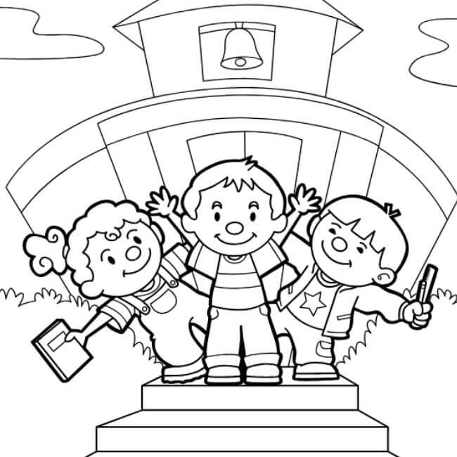 Dibujo de Tres Niños de Regreso a La Escuela para Colorear y Imprimir