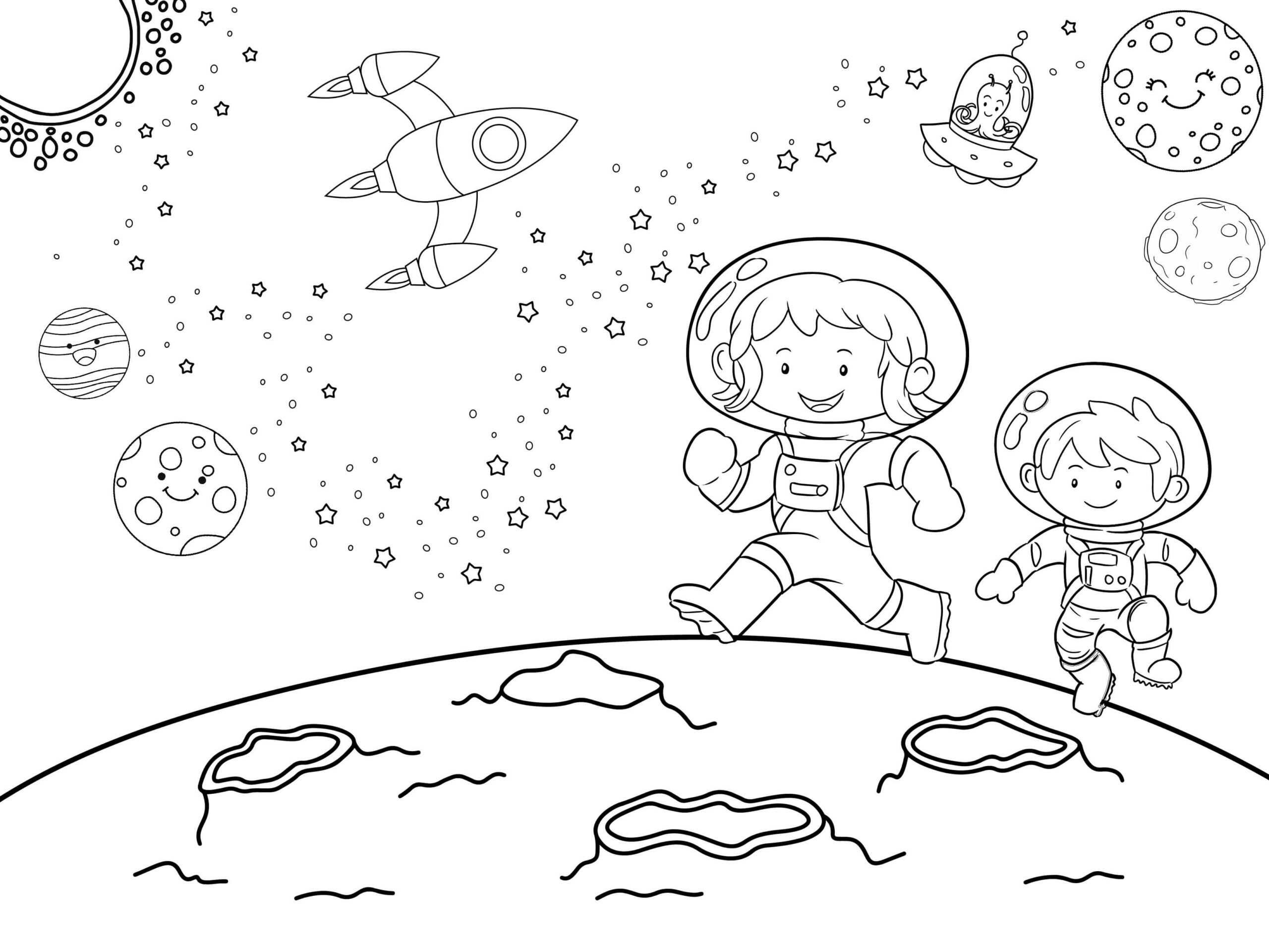 Dibujo de Astronauta Cohete Espacial Espacio Ultraterrestre Scaled para Colorear y Imprimir