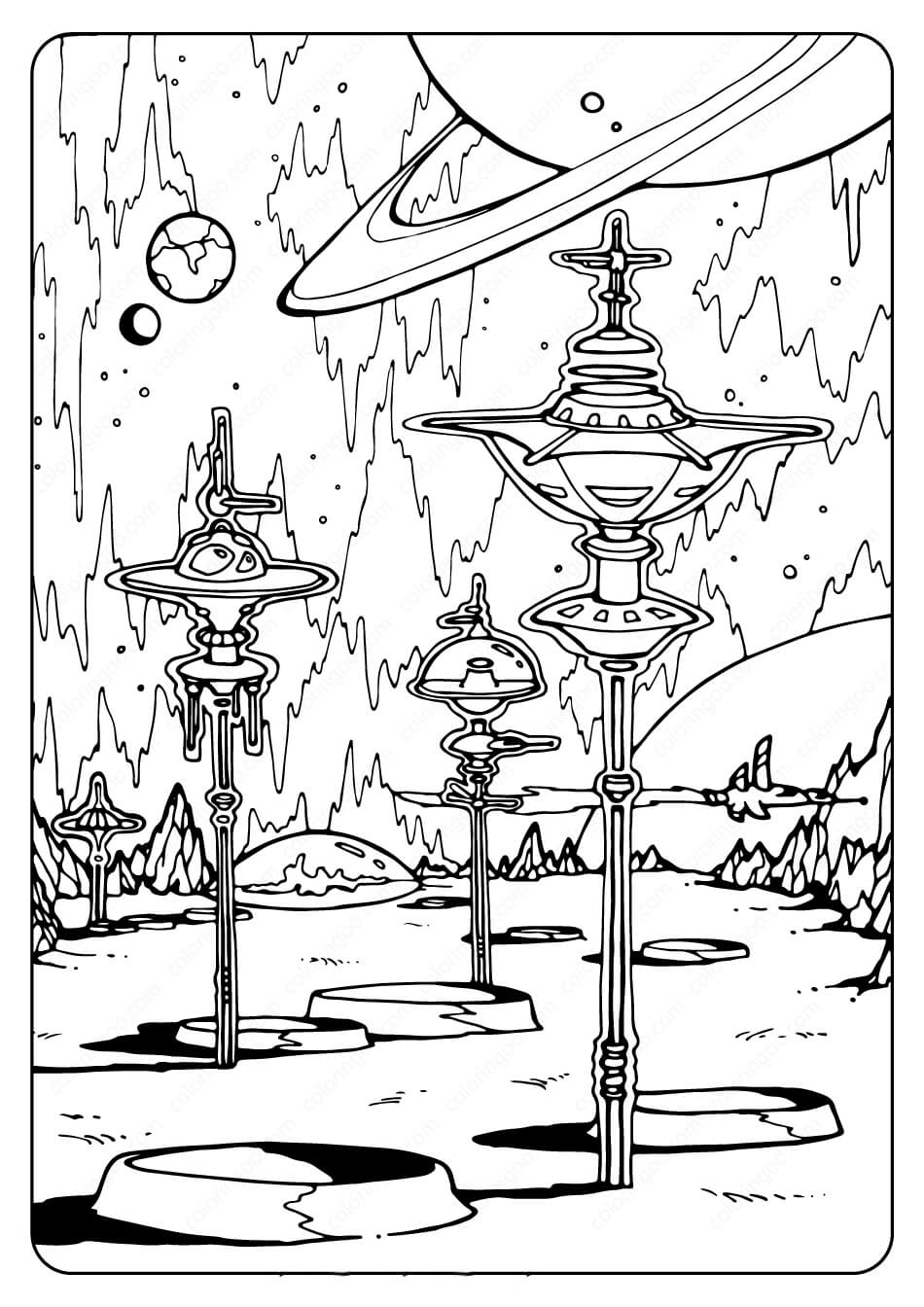Dibujo de Ciudad Espacial para Colorear y Imprimir