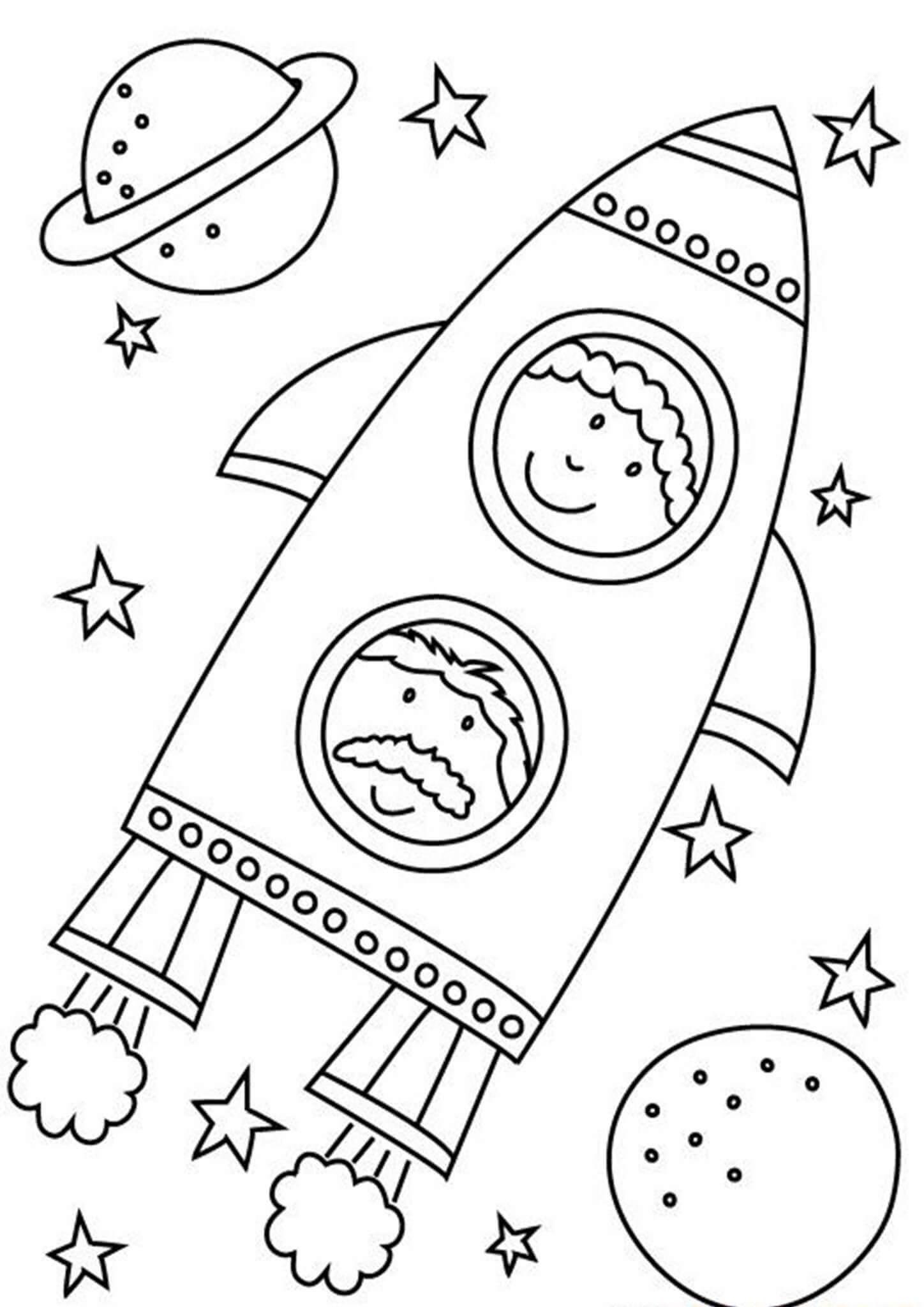 Dibujo de Cohete y dos Planetas En El Espacio para Colorear y Imprimir