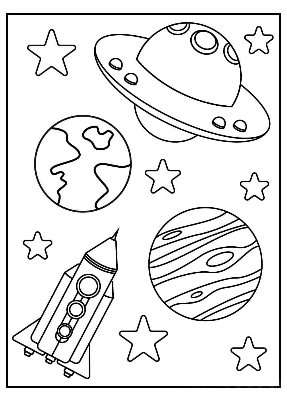 Dibujo de Nave Espacial Ovni dos Planetas y Estrellas para Colorear y Imprimir
