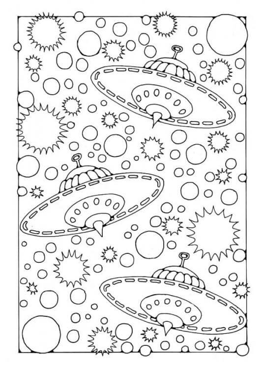 Dibujo de Tres Ovnis En El Espacio para Colorear y Imprimir