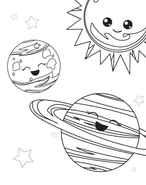 Dibujo de Tres Planetas Divertidos En El Espacio para Colorear y Imprimir