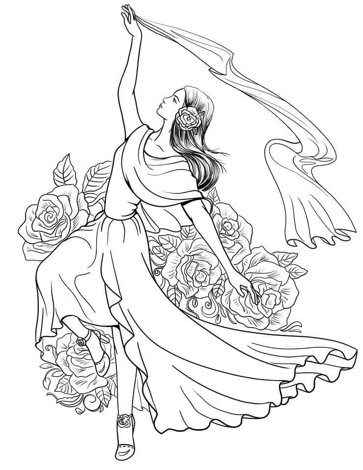 Dibujo de Mujer Espanola Bailando Flamenco para Colorear y Imprimir
