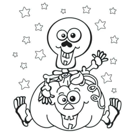 Dibujo de Esqueleto de Dibujos Animados Con Calabaza para Colorear y Imprimir