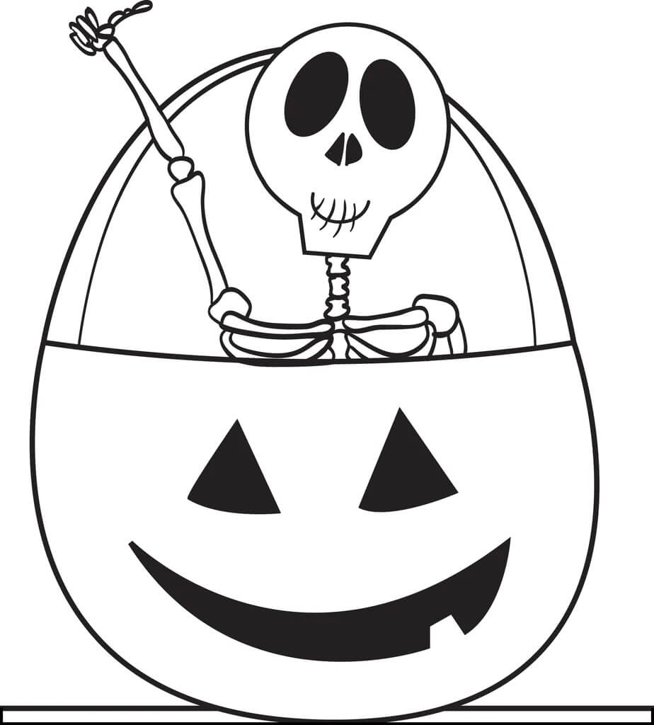 Dibujo de Esqueleto En Bolsa Calabaza para Colorear y Imprimir
